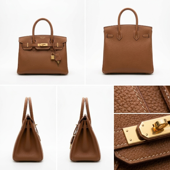 A brown leather handbag shown in multiple views on a clean white background, including front, back, side, and close-up detail shots. The bag has gold-tone hardware and a clochette, with visible stitching and textured leather.