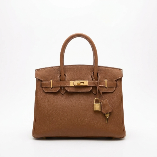 A brown leather handbag shown in multiple views on a clean white background, including front, back, side, and close-up detail shots. The bag has gold-tone hardware and a clochette, with visible stitching and textured leather