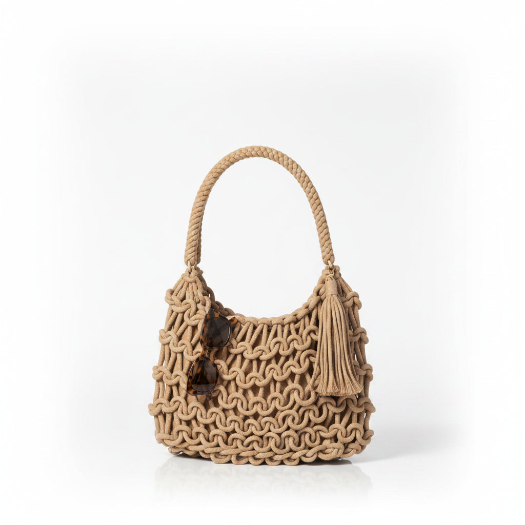 The Capri | Macramé Tassel Shoulder Bag in Sandy Beige – Elora