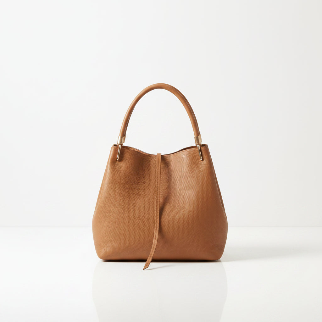 A tan leather handbag with double top handles sits on a draped beige knit throw blanket atop a white pedestal against a warm cream background.