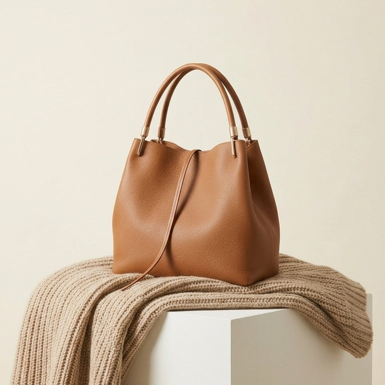 A tan leather handbag with double top handles sits on a draped beige knit throw blanket atop a white pedestal against a warm cream background.