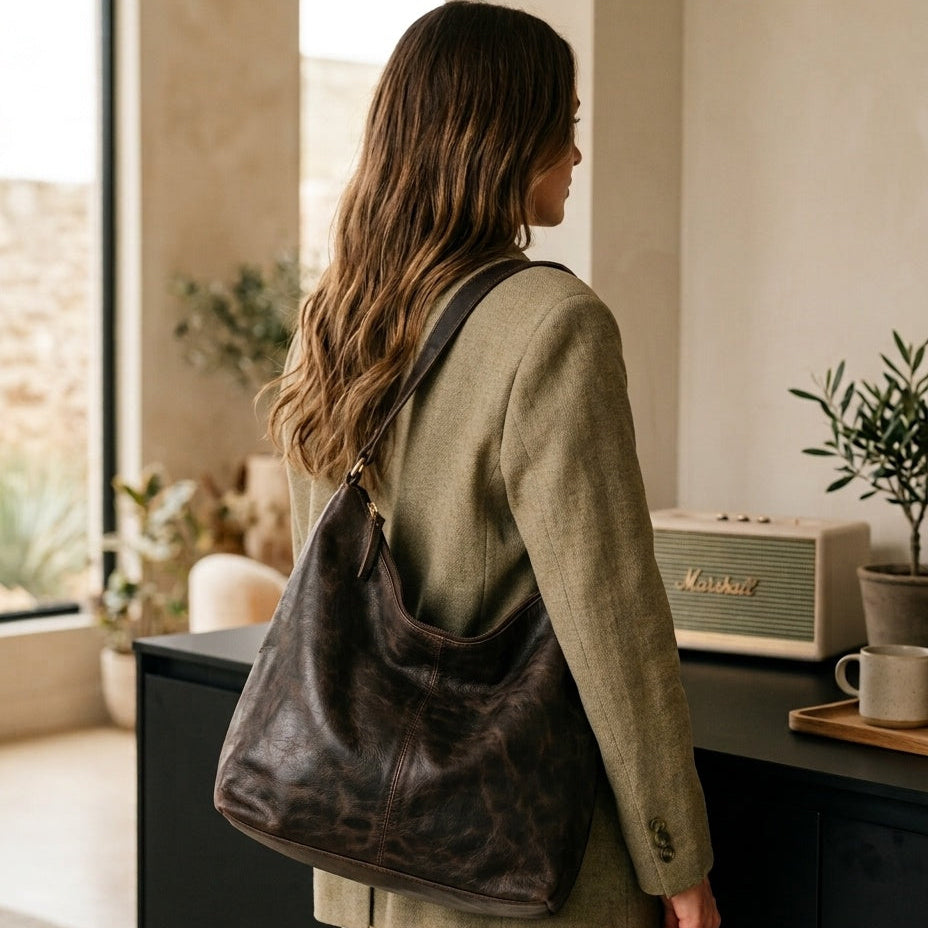 The Verona | Distressed Leather Slouchy Hobo Bag in Espresso Brown – Elora