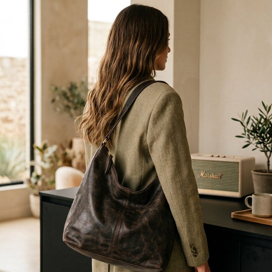 The Verona | Distressed Leather Slouchy Hobo Bag in Dark Espresso – Elora