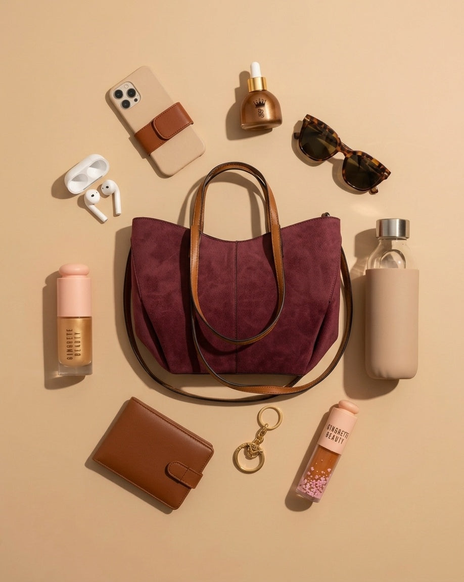 A styled flat-lay of a burgundy suede tote bag with brown leather handles, surrounded by matching beige and brown accessories on a warm beige background. The bag is shown with a phone, sunglasses, earbuds, bottles, a wallet, and a keychain.