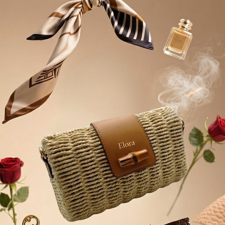 A woven beige and brown clutch bag with a brown leather accent and the brand name 'Elora' on the front, presented in a styled floating flat-lay composition with a silk scarf, perfume bottle, roses, key, and leather swatches on a warm beige background.