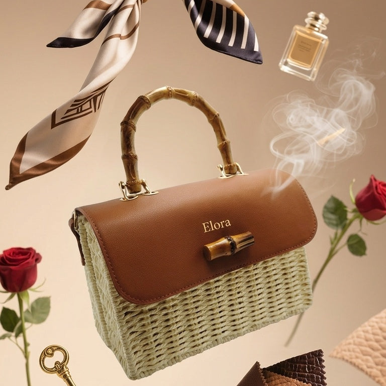 A luxury handbag with a brown leather top, woven straw lower body, and bamboo handle, floating in a styled studio composition with a silk scarf, perfume bottle, roses, key, and material swatches on a beige background.
