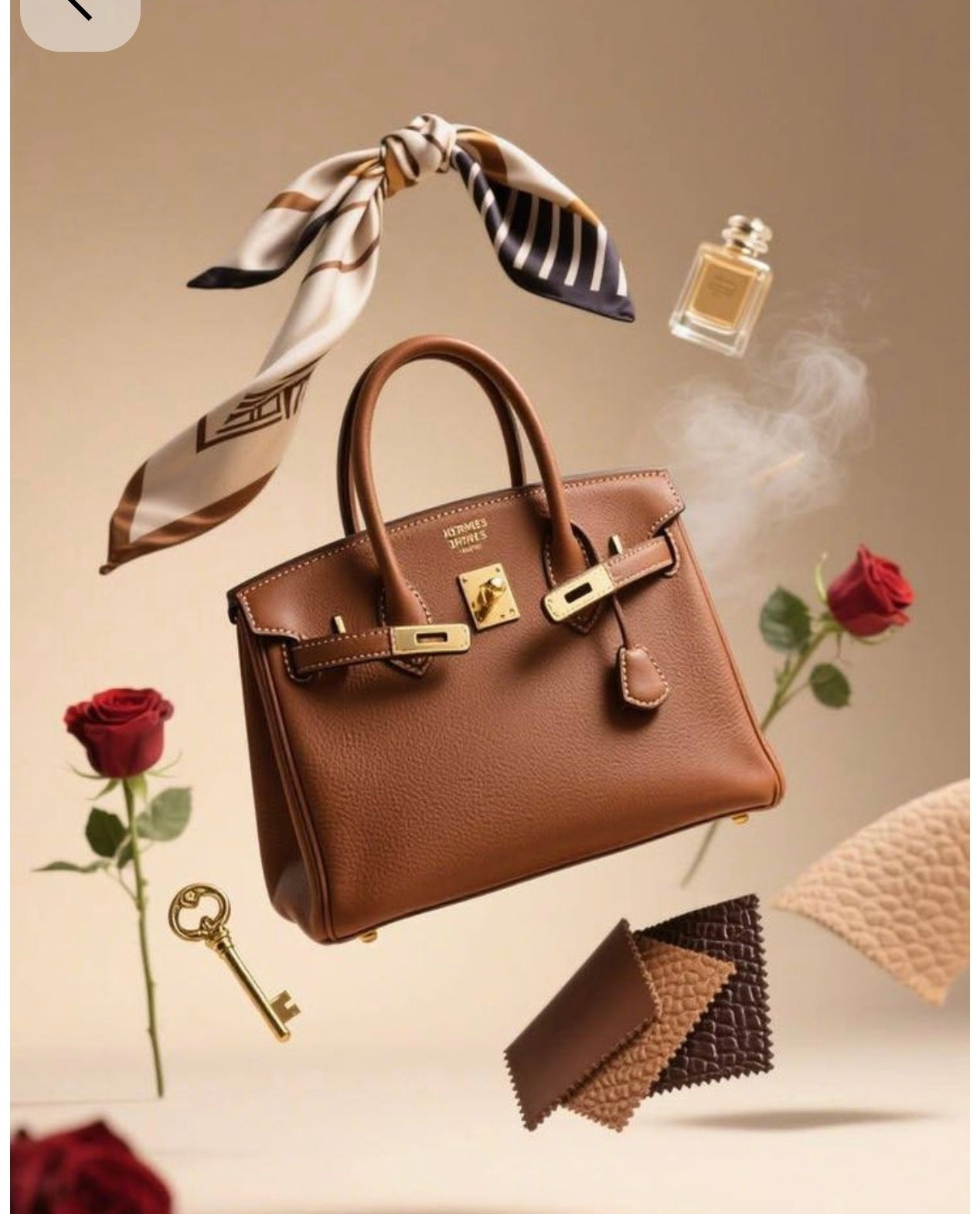 A brown leather handbag with gold hardware is shown in a styled floating composition with a silk scarf, perfume bottle, roses, a key, and fabric swatches on a warm beige background.
