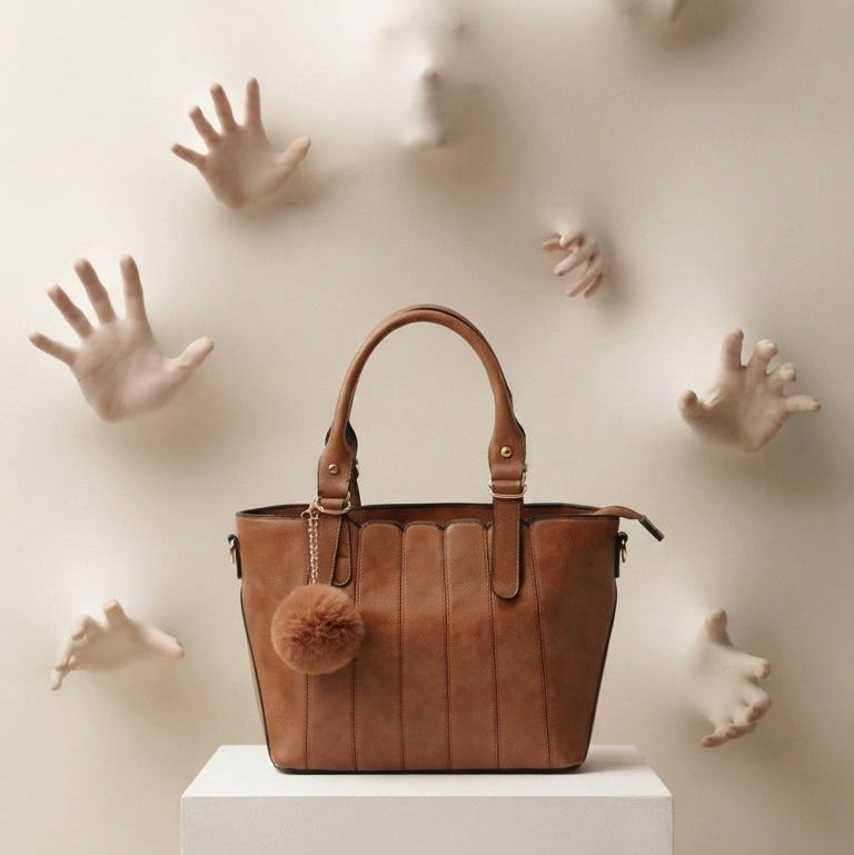 A brown leather tote bag with dual top handles and a fuzzy pom-pom charm, displayed on a white pedestal against a beige wall decorated with sculptural hand-shaped faces.