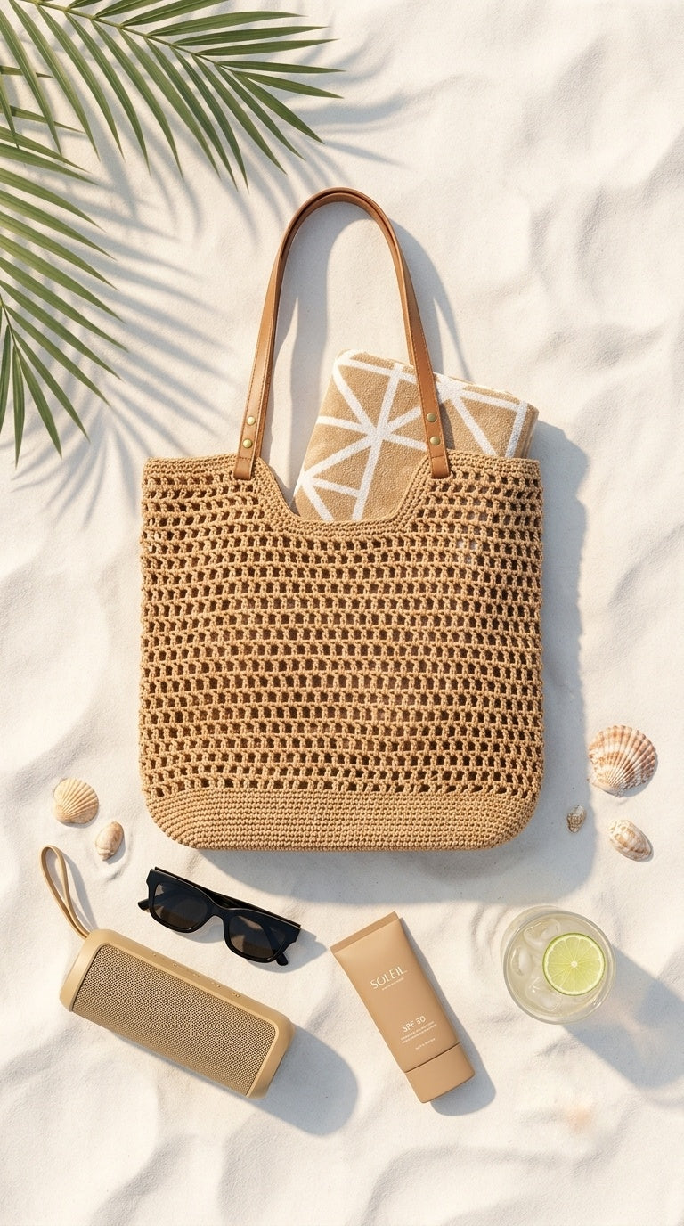 A woven straw tote bag with tan handles is arranged on a white textured surface with beach-themed props, including a folded patterned towel, sunglasses, a small beige pouch, a tube, a drink, and seashells. Palm leaves are visible in the top left corner.