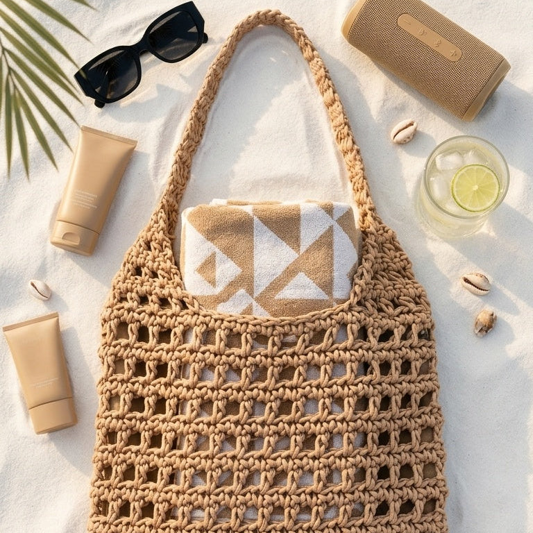 A woven straw tote bag in a flat-lay beach-themed composition on white sand, surrounded by sunglasses, sunscreen, a small pouch, a drink, and seashells.