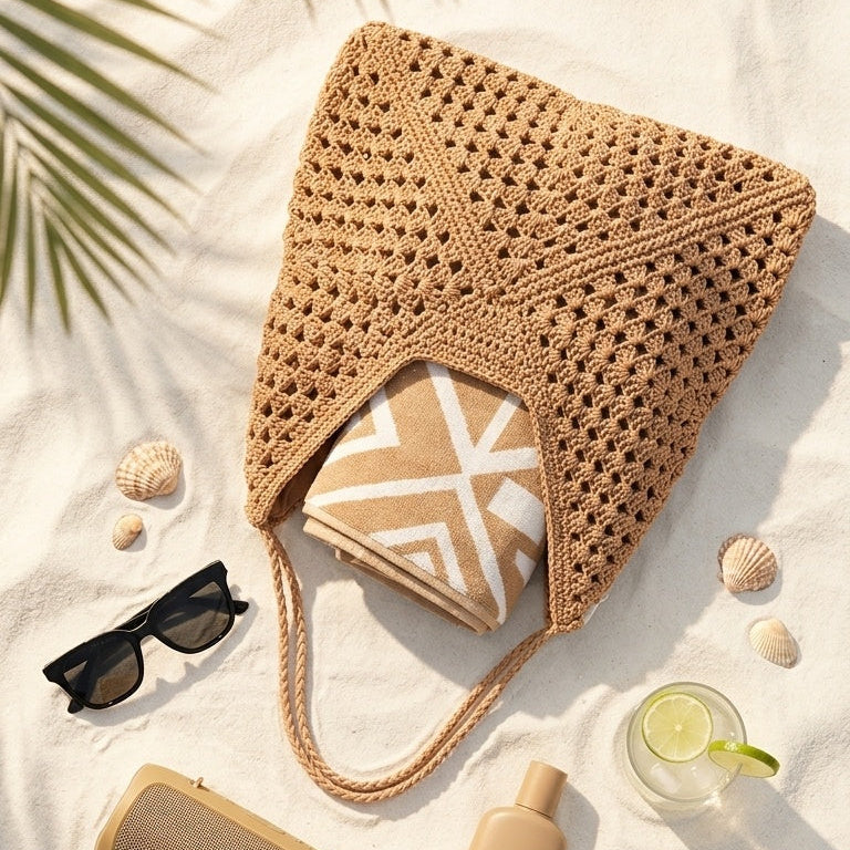 A woven straw shoulder bag in a natural tan color, styled in a flat-lay beach scene on white sand with palm leaves, sunglasses, a small speaker, a bottle, a drink, and seashells.
