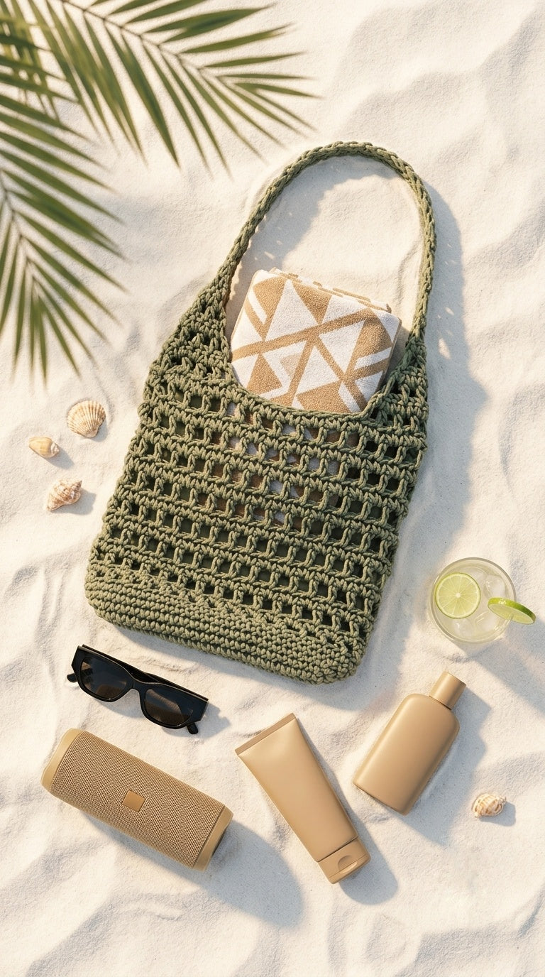 An olive green crocheted tote bag with a geometric patterned insert, styled in a flat lay on white sand with beach accessories including sunglasses, sunscreen, a drink, and palm leaves.