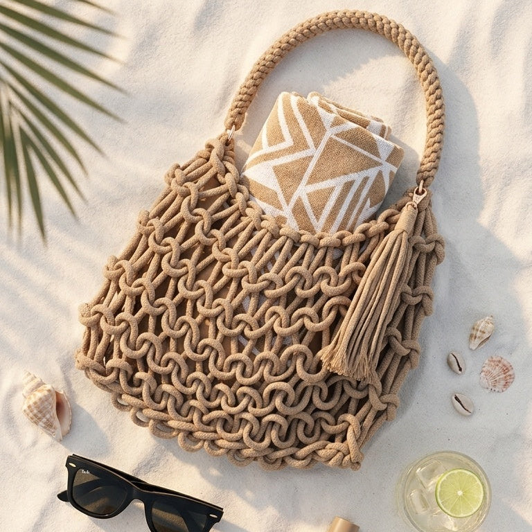 A woven straw tote bag with a tassel and rope handle is styled on white sand with sunglasses, a small speaker, a bottle, shells, and a palm leaf. The bag has a geometric patterned insert visible inside.