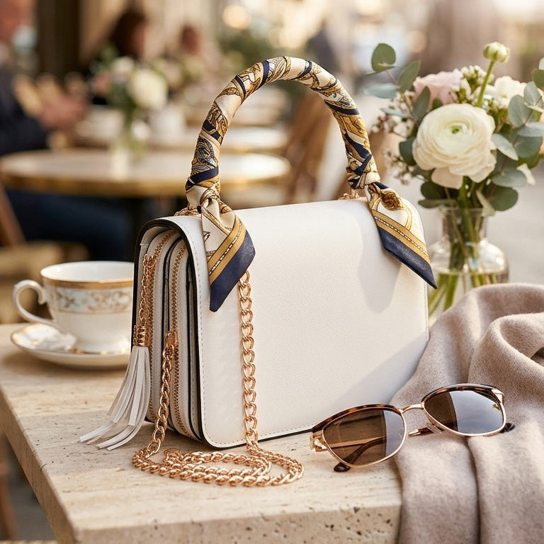 A structured white handbag with a patterned scarf handle and gold chain strap sits on a cafe table, styled with sunglasses, a beige scarf, and flowers in a blurred outdoor setting.