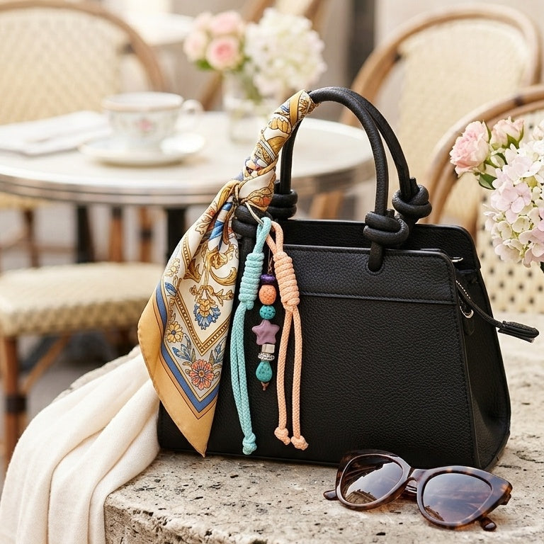 A black leather handbag sits on a stone cafe table with a cream scarf draped over one handle, colorful bead tassels hanging from the strap, and sunglasses on the table beside it. Blurred cafe chairs and tables are in the background.