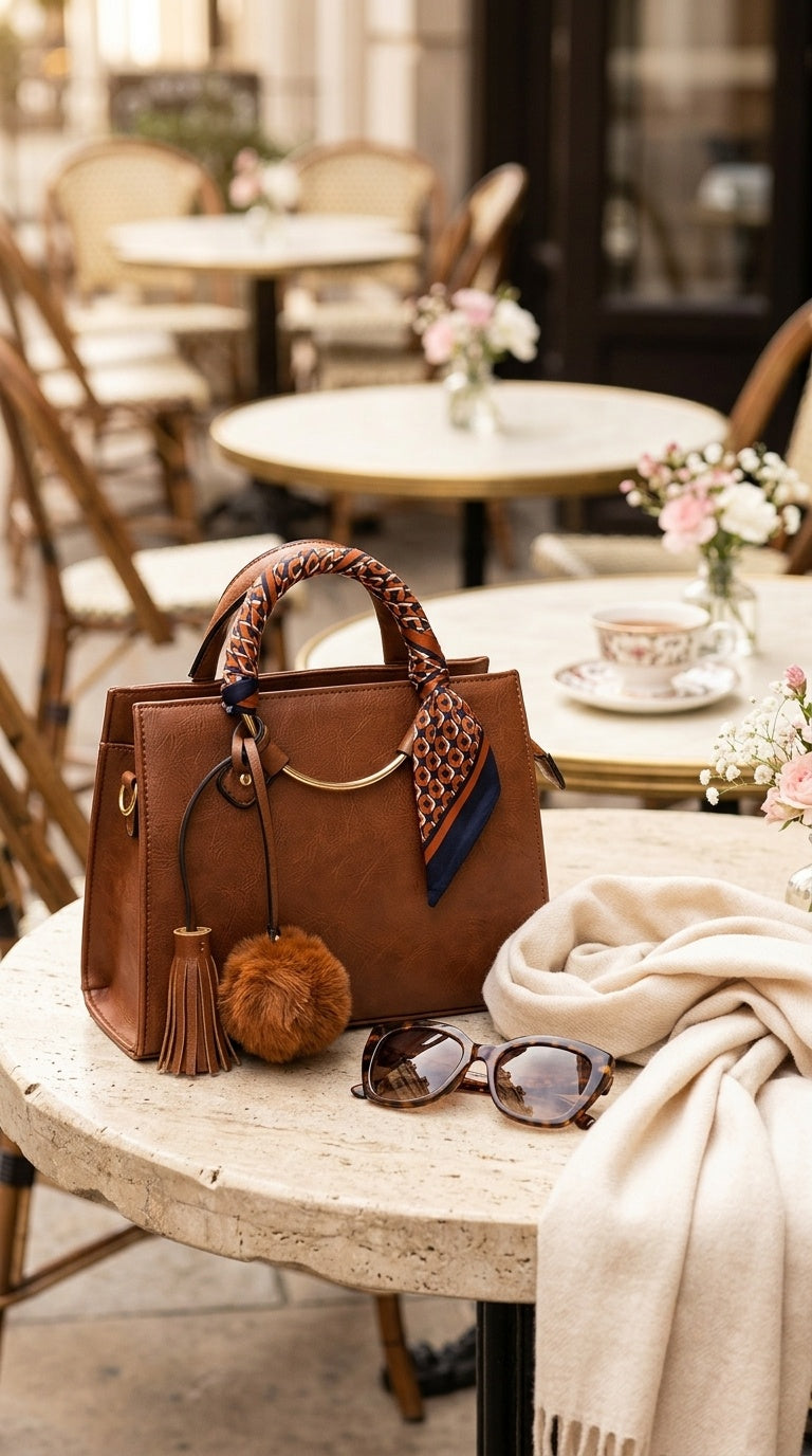 A brown leather handbag with a patterned scarf tied to its handle, styled on a stone cafe table alongside sunglasses, a cream scarf, and a brown pom-pom charm, with blurred cafe tables in the background.