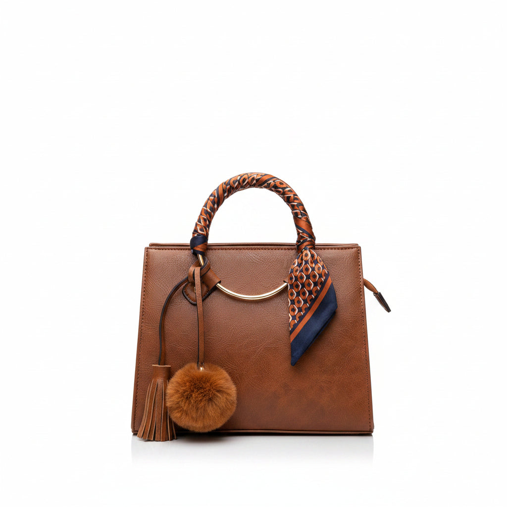 A structured brown leather handbag with a braided top handle, a navy and orange patterned scarf tied to the handle, a gold-tone oval ring, and two hanging accessories: a brown faux-fur pom-pom and a matching leather tassel.