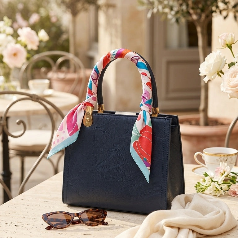 A navy blue leather handbag with a colorful floral silk scarf tied to its handles, displayed on a stone patio table next to sunglasses, a cream scarf, and a teacup.