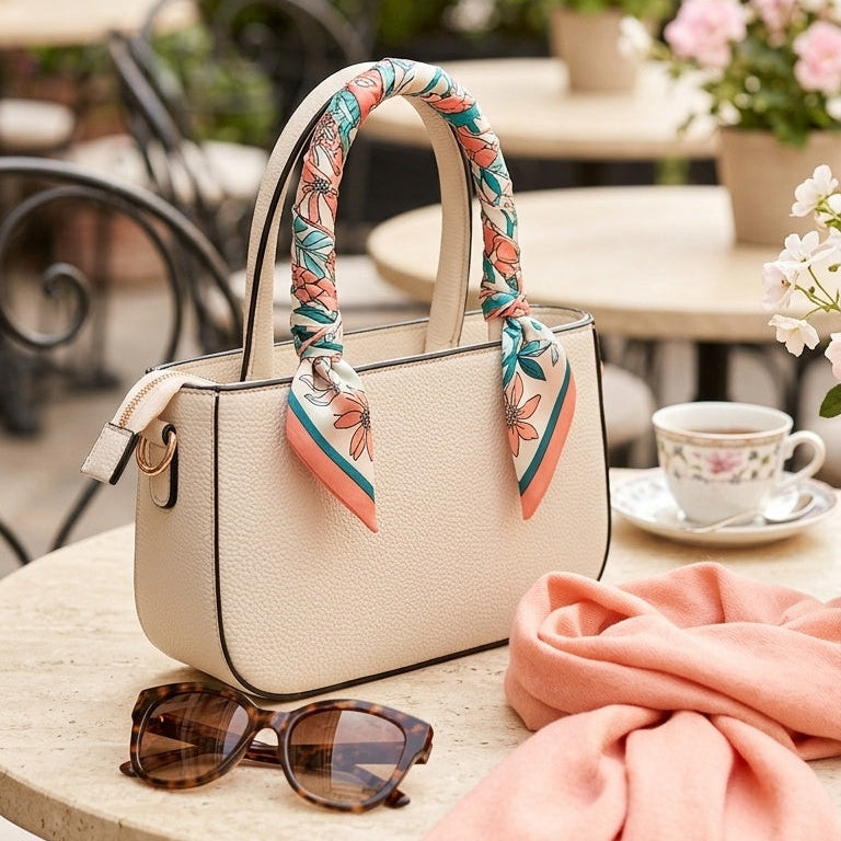 A cream-colored pebbled leather handbag with a colorful patterned scarf tied to its handles, styled on a cafe table with sunglasses, a pink scarf, and a teacup in a blurred outdoor setting.