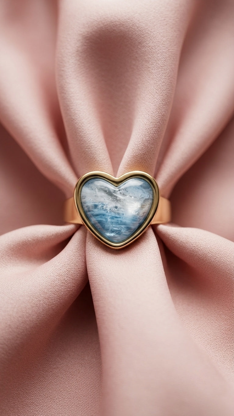 A heart-shaped gold ring with a blue marbled gemstone, shown from multiple angles on a clean white background.