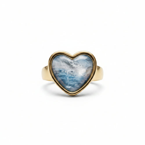 A heart-shaped gold ring with a blue marbled gemstone, shown from multiple angles on a clean white background.