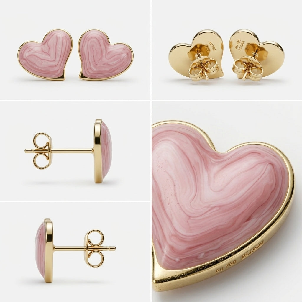 Four-panel product collage showing heart-shaped stud earrings with pink marbled inlay and polished gold-tone edges and posts, including front views, side views, and a close-up detail shot on a light gray background.