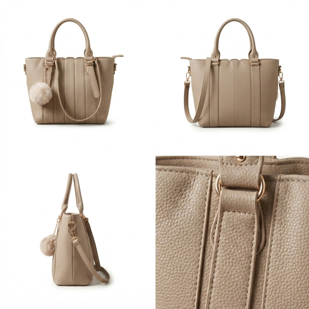 The Sienna | Pleated Pebbled Leather Satchel Bag in Stone Taupe – Elora