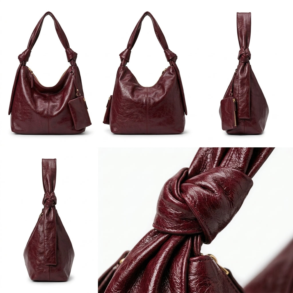 A collage showing a burgundy leather shoulder bag from multiple angles, including a front view, side profile, and close-up of the knotted strap detail, on a white background.