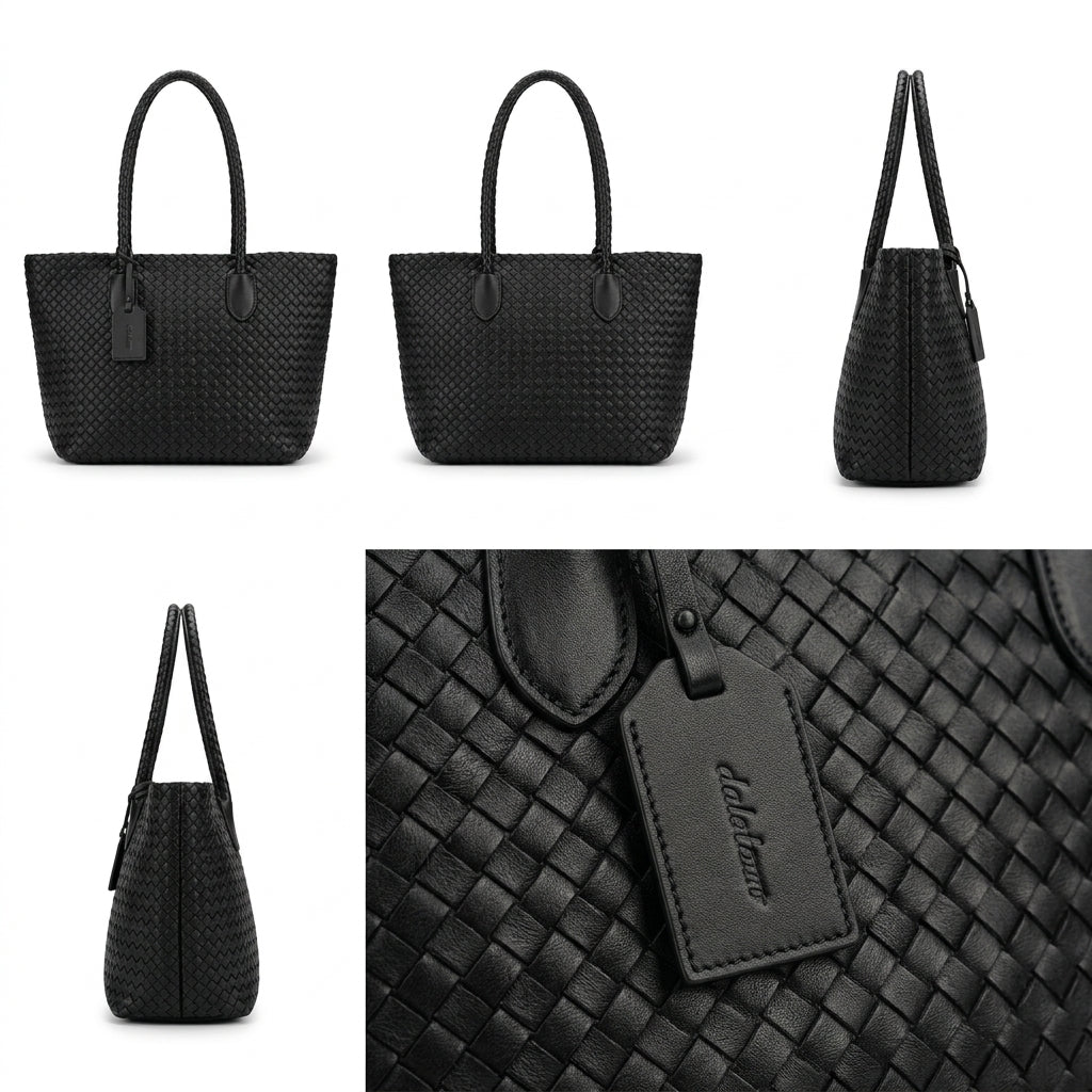 Black woven leather tote bag shown from multiple angles, including front, side, and back views, with a close-up detail of the woven texture and a hanging brand tag on a white background.