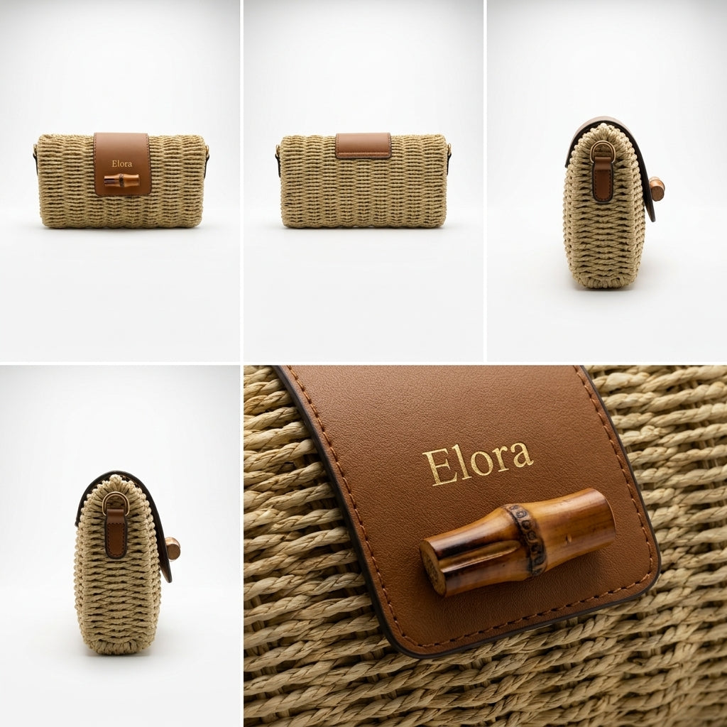 A woven straw or raffia handbag shown from multiple angles on a clean white background, with a brown leather flap and a small bamboo clasp. The flap is personalized with the name 'Elora' in gold lettering.