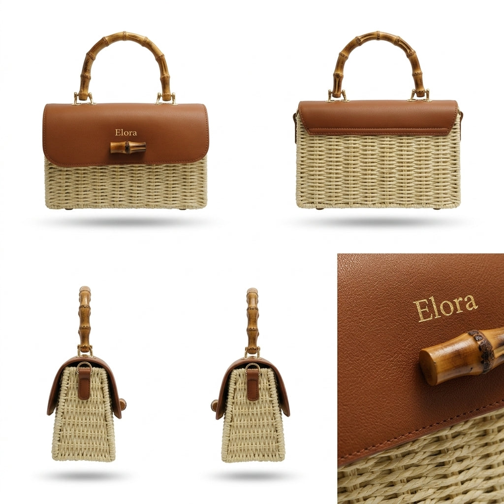 A structured handbag shown from multiple angles on a white background, featuring a woven straw body, brown leather flap and trim, bamboo-style top handle, and gold 'Elora' branding on the flap.
