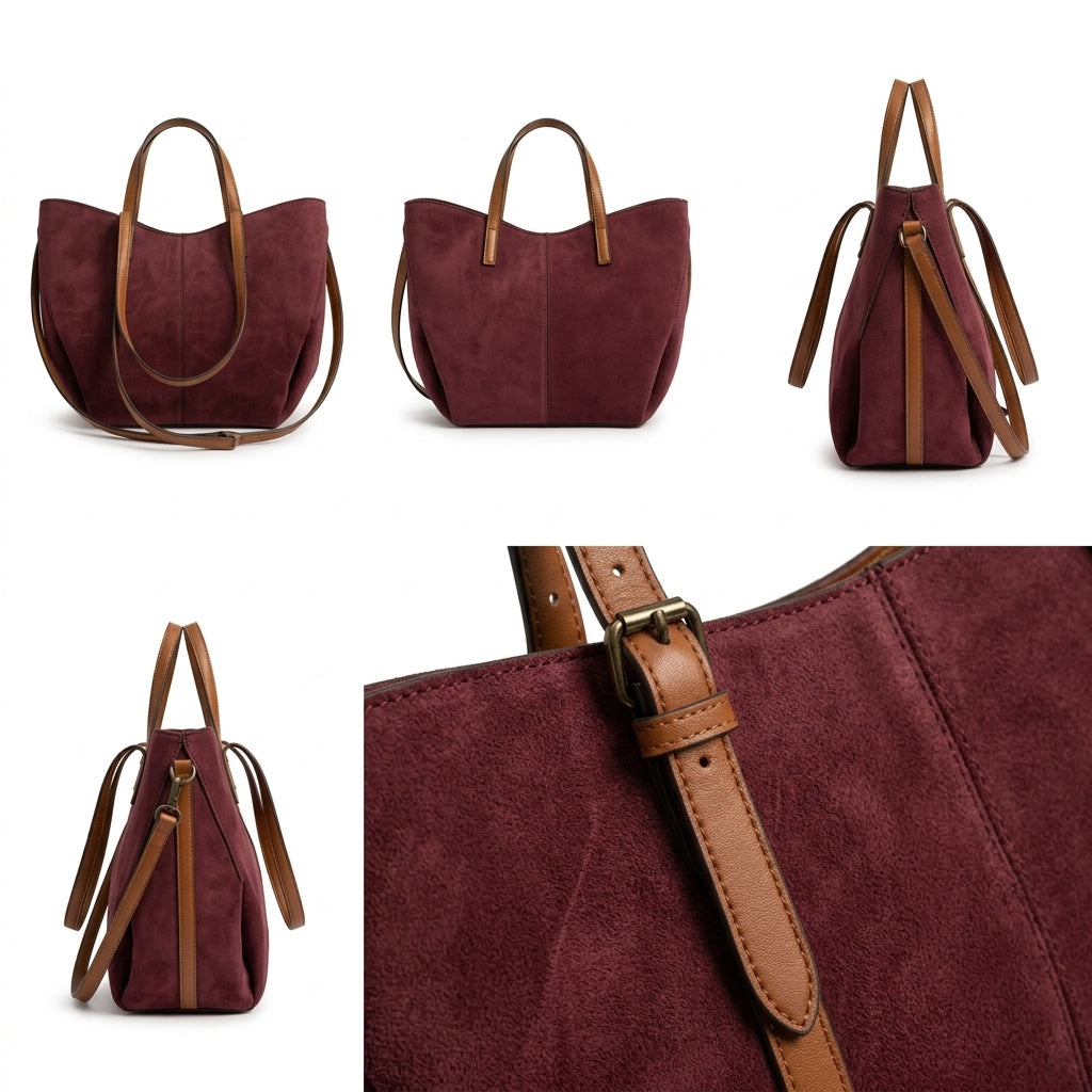 A collage showing multiple views of a suede tote bag in deep burgundy with tan leather handles and strap, plus a close-up detail panel of the strap and hardware.