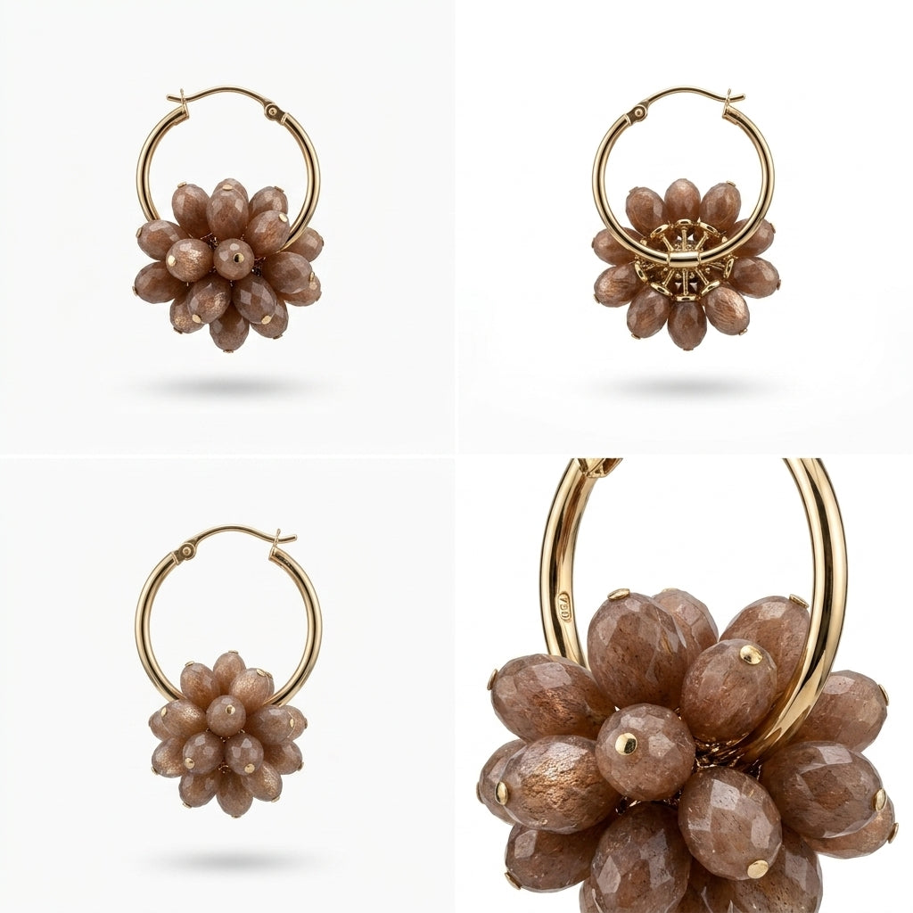 Four-panel product photo of a pair of gold hoop earrings with faceted brown bead flower clusters, shown from multiple angles on a light gray background.