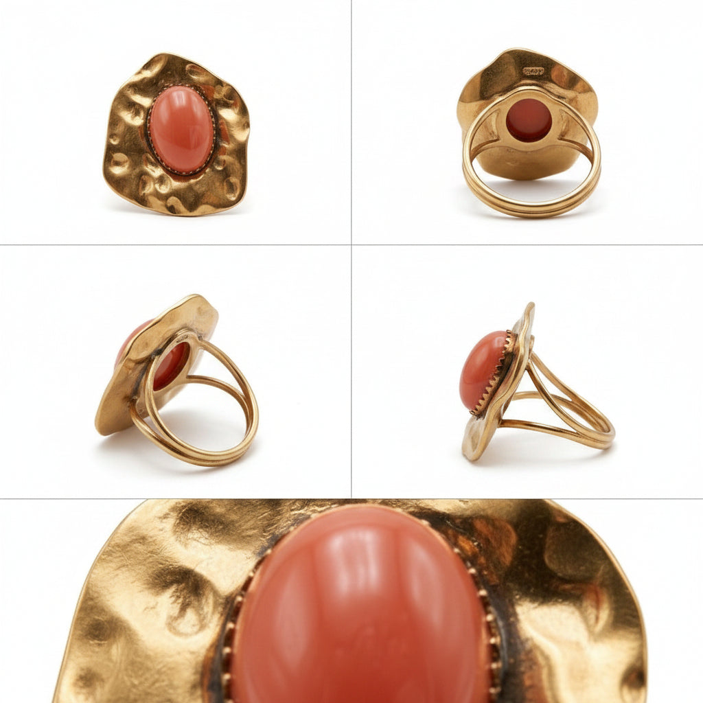 A collage showing multiple views of a chunky gold ring with a large, textured gold setting and a central oval coral cabochon stone. The views include a top-down, angled, side, and close-up detail shot on a white background.