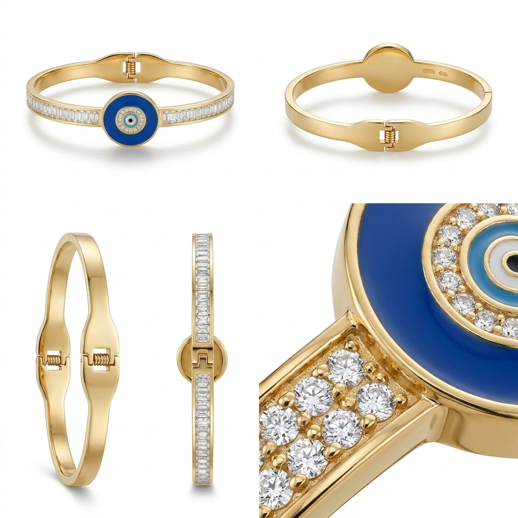 Gold jewelry set featuring multiple rings and a bangle, including a central blue evil eye motif with white and black details, accented with clear pavé stones. The collage shows front, side, and back views of the pieces on a white background.