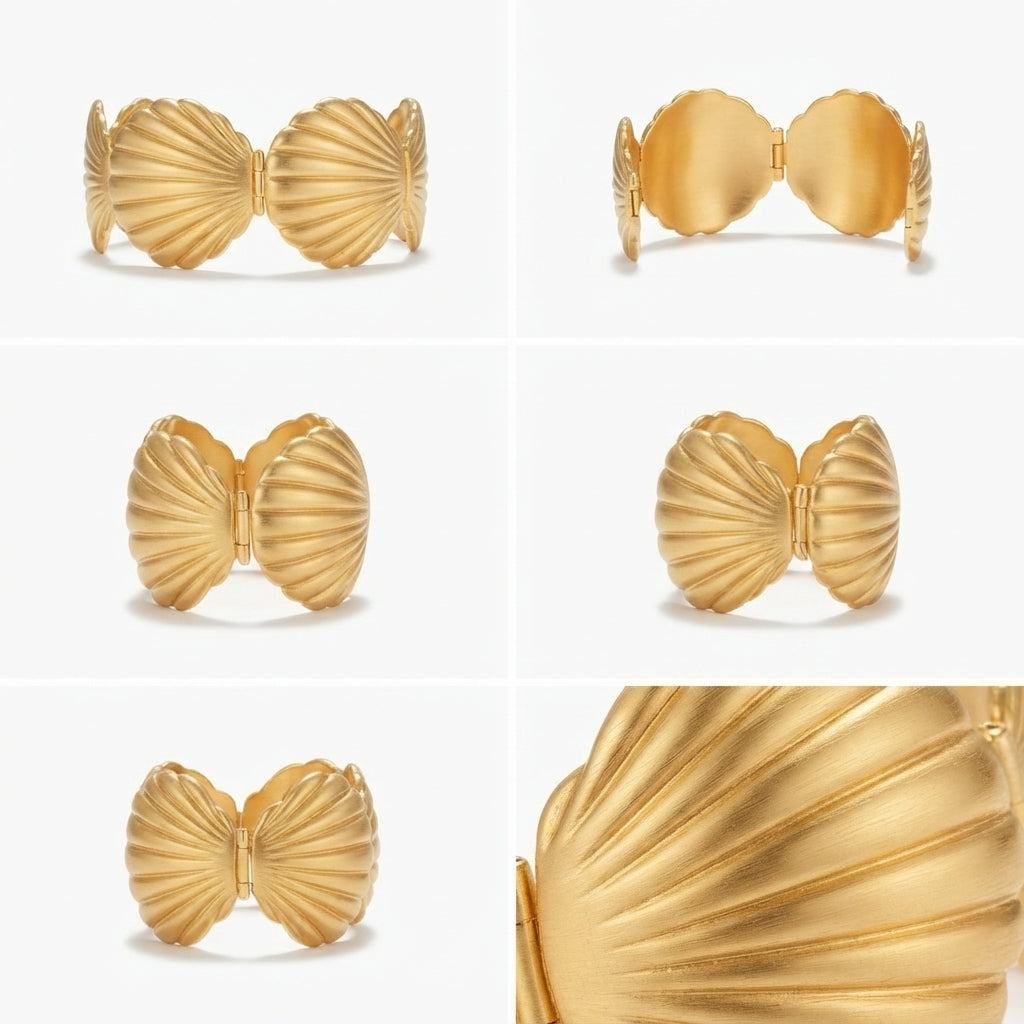 A gold shell-shaped cuff bracelet shown in multiple views on a clean white background, including front, side, and close-up detail shots.