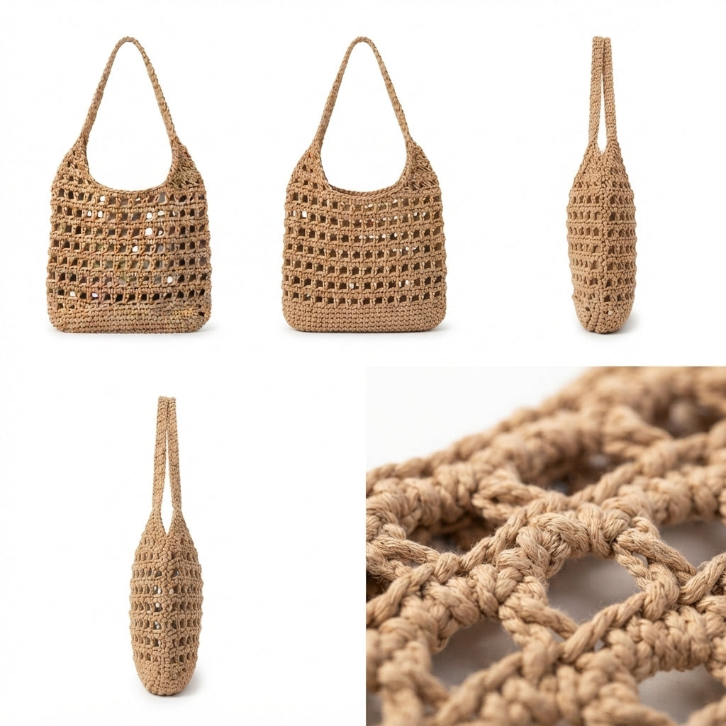A natural woven straw shoulder bag shown from multiple angles on a white background, including a close-up detail of the crochet texture.