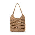 A natural beige woven straw shoulder bag with an openwork crochet pattern and a single shoulder strap, shown against a plain white background.