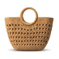 A woven straw tote bag shown in multiple views on a white background, including a front view with a round handle, a side profile, a smaller side view, and a close-up of the crochet texture.