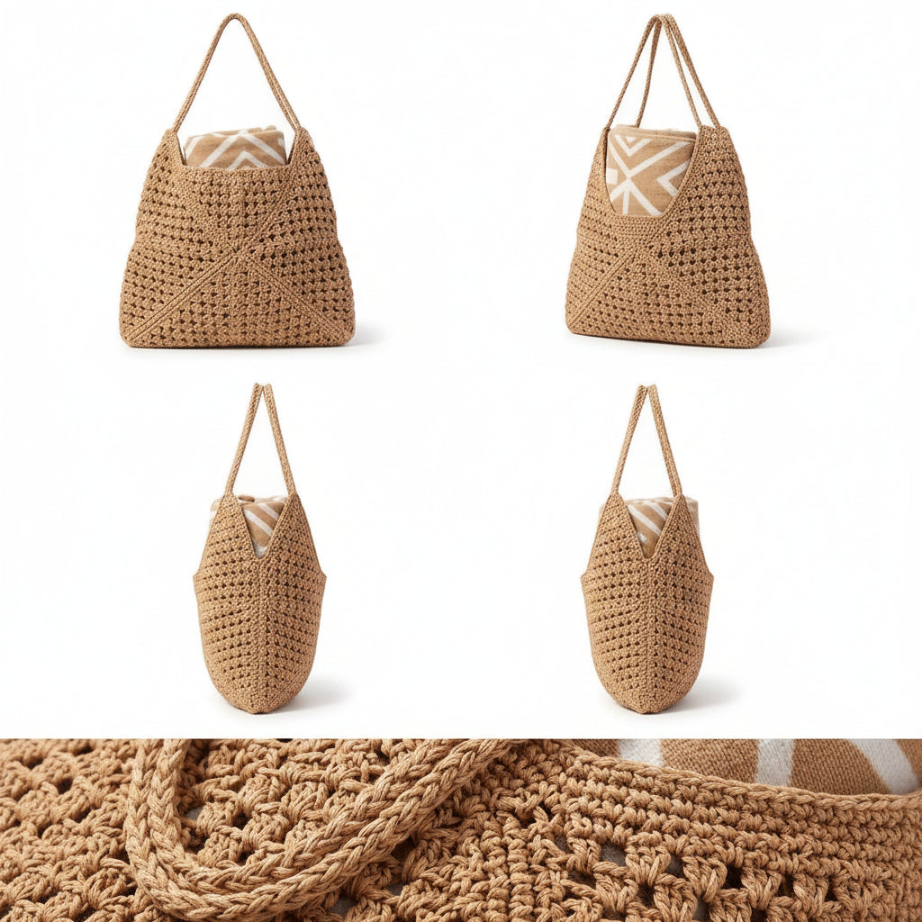 A woven straw tote bag shown from multiple angles on a white background, with a close-up detail of the crochet texture and a patterned fabric lining visible inside.