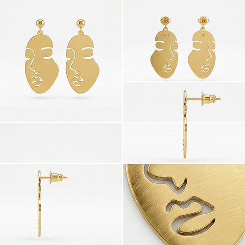 A 2x2 collage showing a pair of gold-tone statement earrings with a minimalist face cutout design. The top-left panel shows the earrings hanging against a white background, and the top-right panel shows them from the back with butterfly backings.