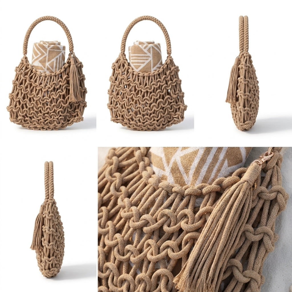 A woven macrame-style handbag in a warm tan/beige color, shown from multiple angles on a light gray background. The bag has a rope handle, a tassel detail, and a textured knotted weave.