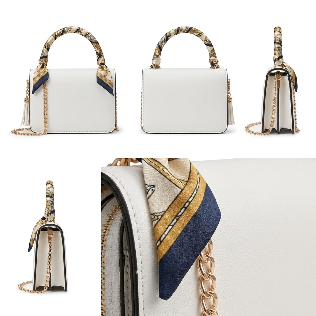 A structured white handbag shown from multiple angles on a clean white background, featuring a patterned scarf handle, gold-tone chain strap, tassel detail, and navy-and-gold scarf ends.