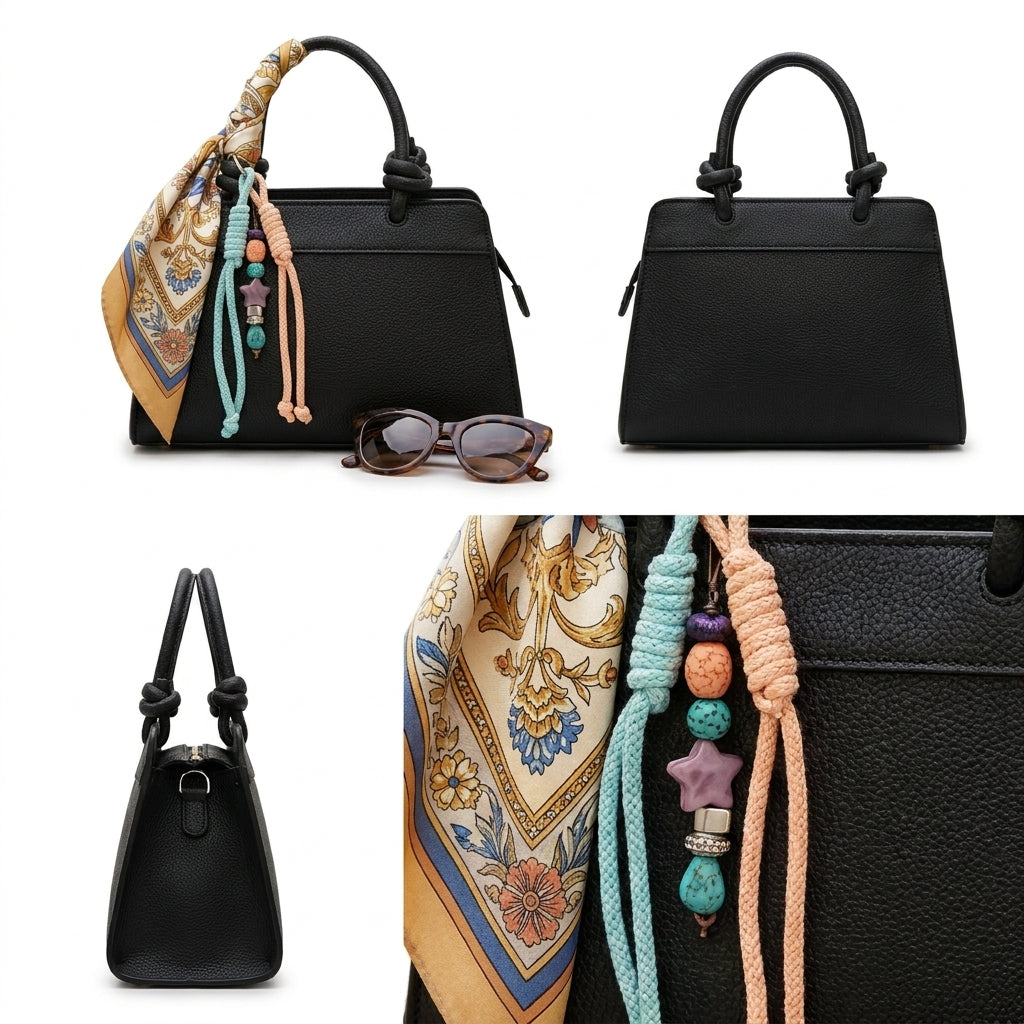 Black leather handbag shown from multiple angles with a patterned scarf tied to the handle, decorative rope charms with colorful beads, and sunglasses placed beside it on a white background.