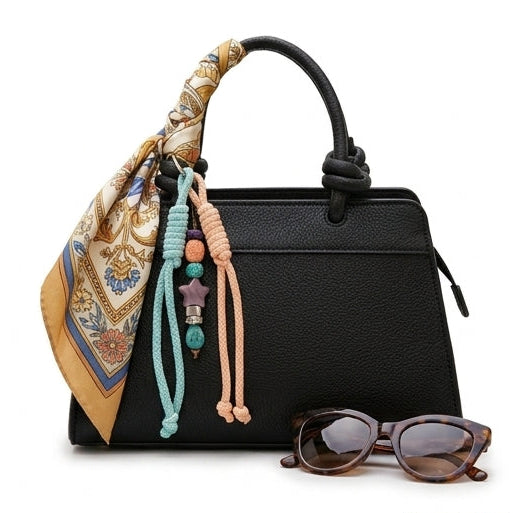 Black leather handbag shown from multiple angles with a patterned scarf tied to the handle, decorative rope charms with colorful beads, and sunglasses placed beside it on a white background.