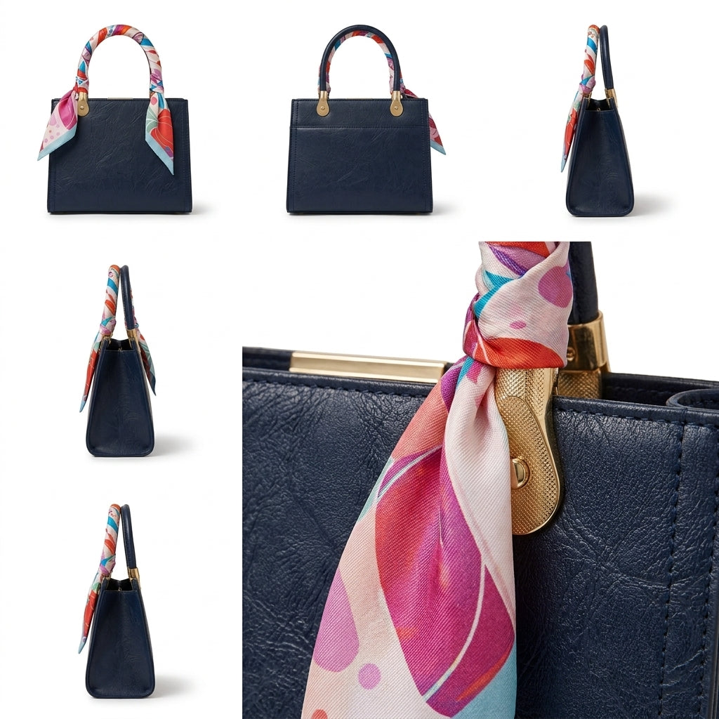 A navy blue leather handbag shown from multiple angles, featuring a colorful patterned silk scarf tied to the handle and gold-tone hardware, on a clean white background.