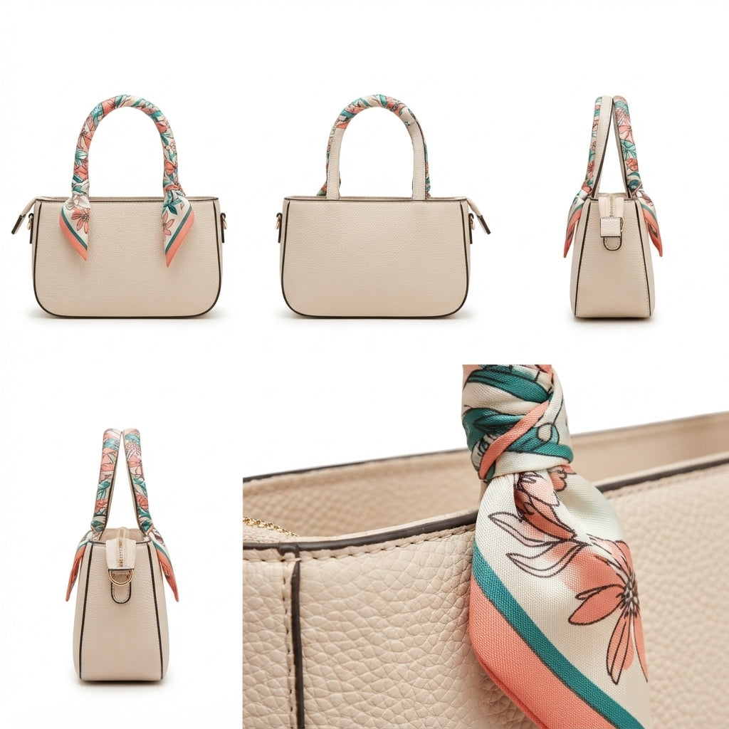 A beige structured handbag shown from multiple angles on a white background, with a floral silk scarf tied to each handle. The scarf has coral, teal, and cream tones with a large flower print.