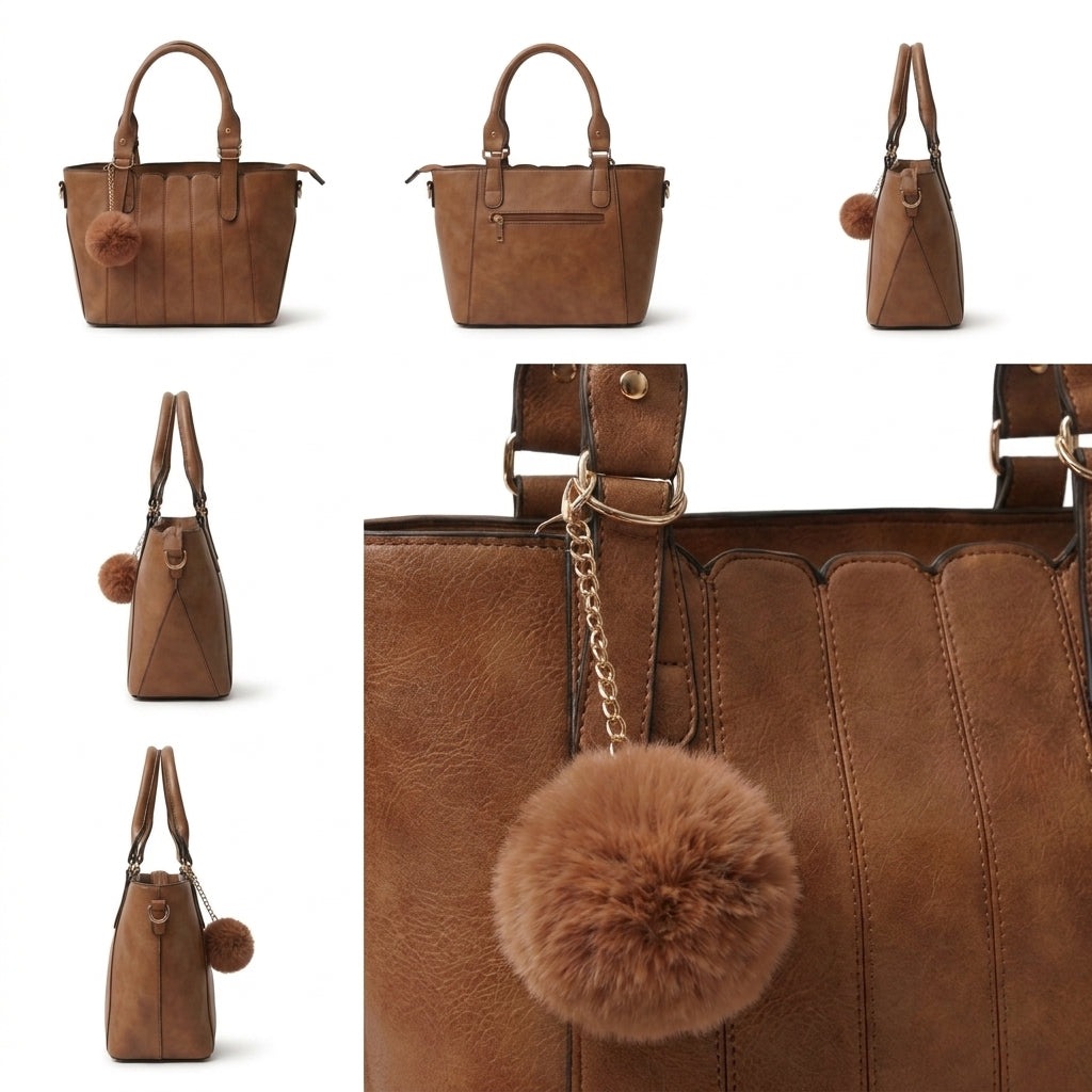 A brown faux-leather handbag shown from multiple angles, featuring dual top handles, a small round brown faux-fur pom-pom bag charm, and a gold-tone keychain with a larger fluffy pom-pom. The collage is set against a clean white background.