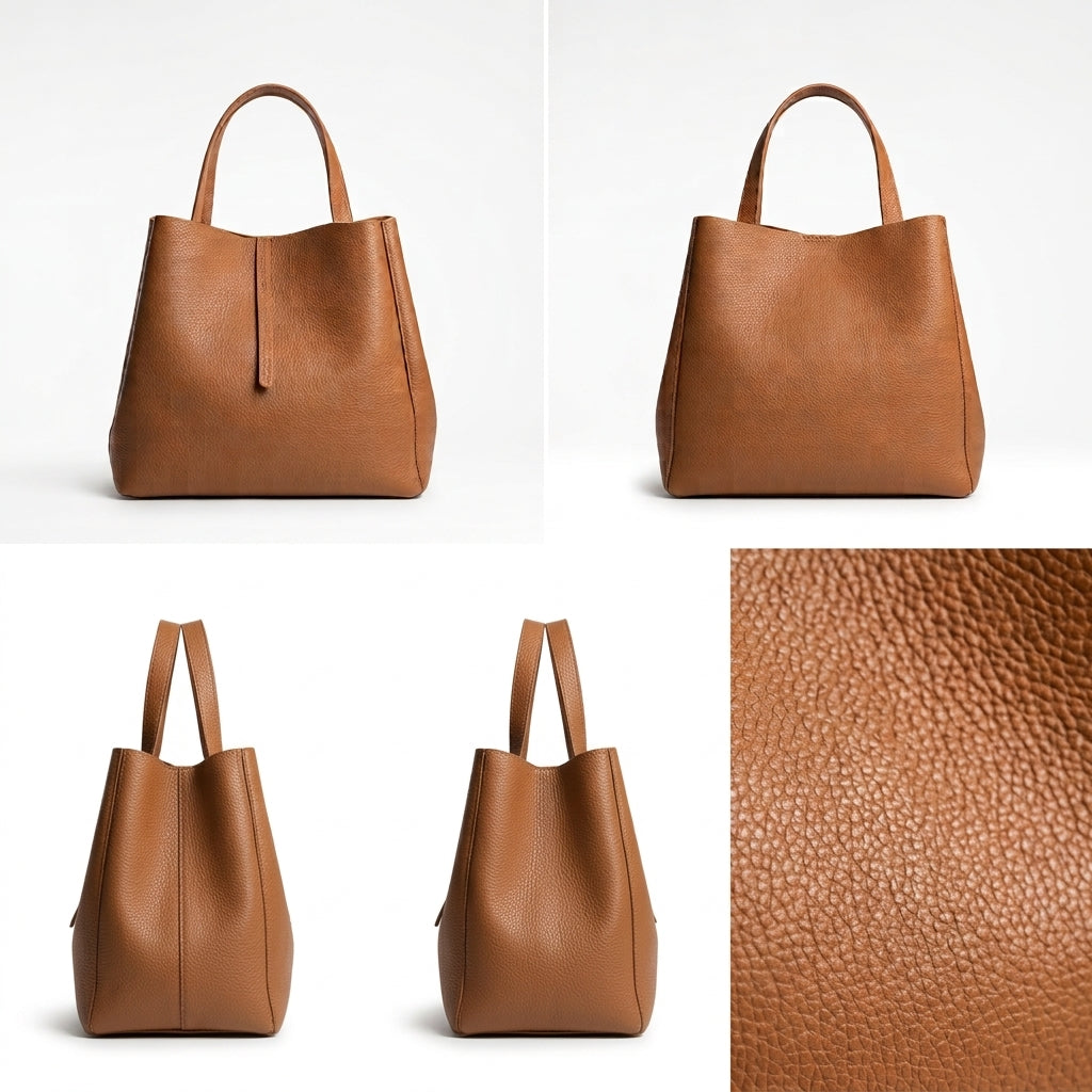 A collage showing a tan leather tote bag from multiple angles, including front and side views, plus a close-up texture panel on the right. The bag has two top handles and a structured, slouchy silhouette on a clean white background.
