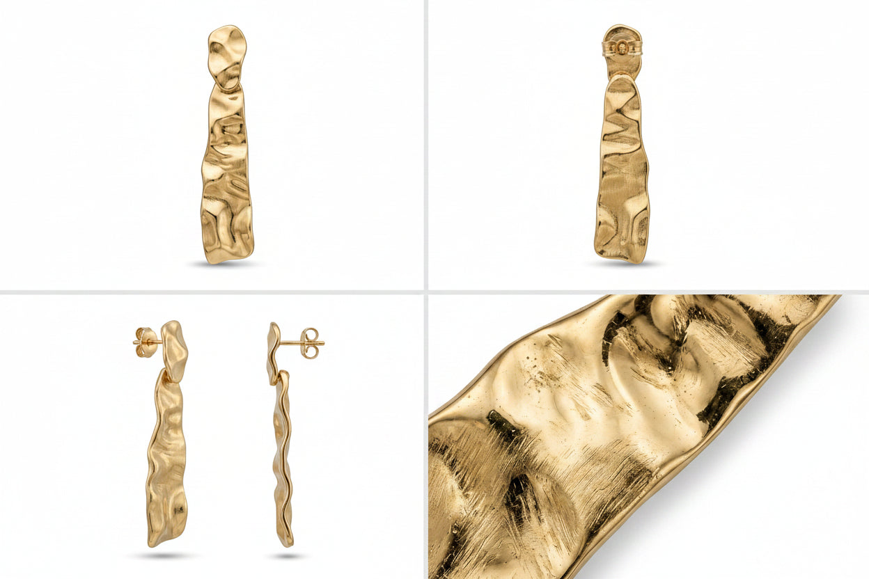 Four-panel product collage showing gold earrings on a white background: front and side views of a textured vertical drop earring, a close-up of the earring back with a 10K hallmark, and a matching close-up of the hammered gold surface.